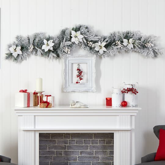 6ft. Pre-Lit LED Flocked Poinsettia & Berry Christmas Garland